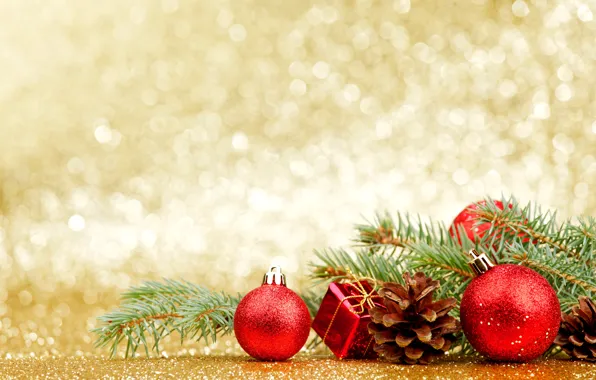 Branches, red, glare, background, holiday, balls, toy, new year