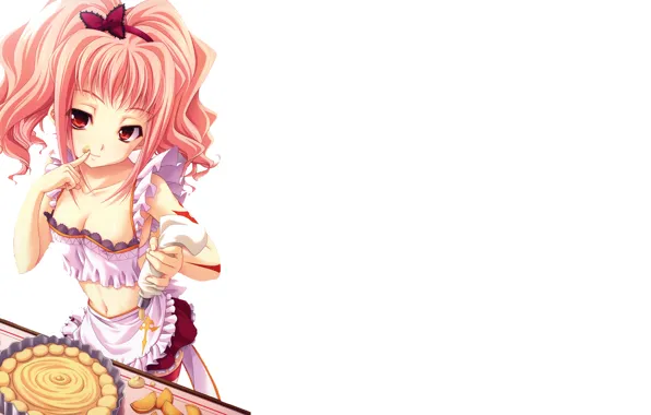 Girl, anime, art, sweets, cake, fruit, bow, cream