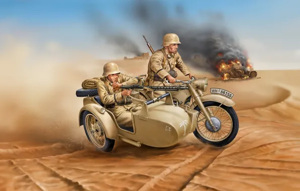 Sand, weapons, smoke, art, motorcycle, soldiers, burning, WW2
