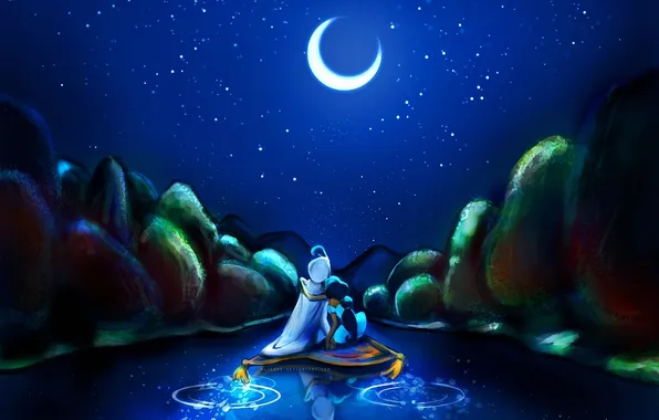 Picture water, night, reflection, the moon, stars, carpet, Aladdin. Jasmine