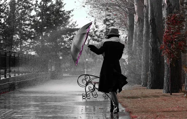 Picture girl, Park, umbrella, rain