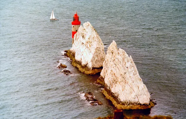 Picture sea, rocks, lighthouse, Needles, UK, Isle of Wight, vertical columns, The Needles