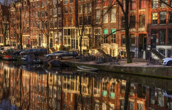 Trees, branches, reflection, motorcycles, building, boats, mirror, Amsterdam