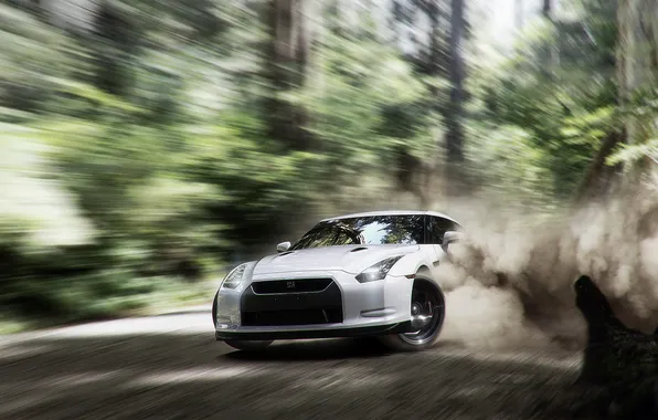 Nissan, Drift, Car, gt-r, White, Dust, Skid, Turn