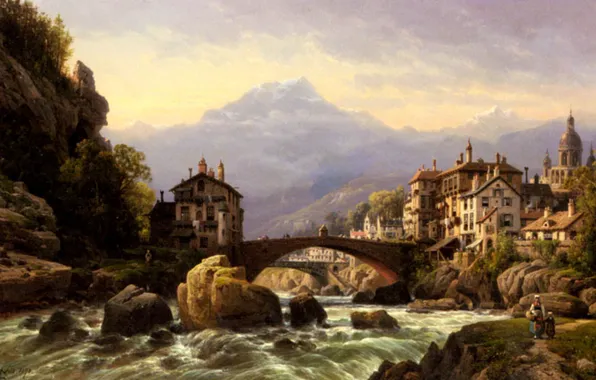 The sky, mountains, clouds, bridge, river, picture, thresholds, Charles Euphrasie