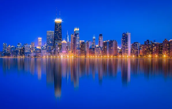 Water, lake, building, home, Chicago, panorama, Il, night city