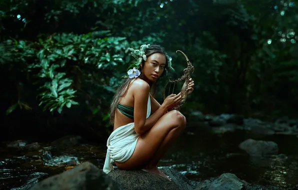 Greens, forest, water, girl, trees, flowers, nature, pose