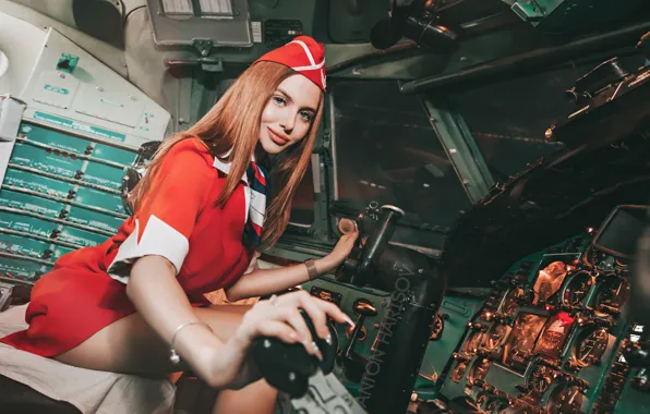 Picture look, smile, Girl, cabin, form, the plane, stewardess, Anton Kharisov