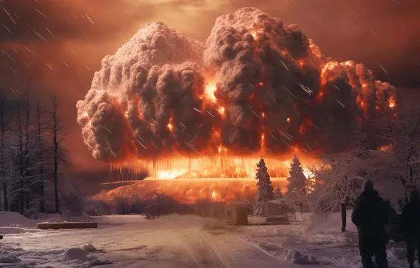 Winter, Road, Trees, Snow, Fire, Mushroom, People, The explosion