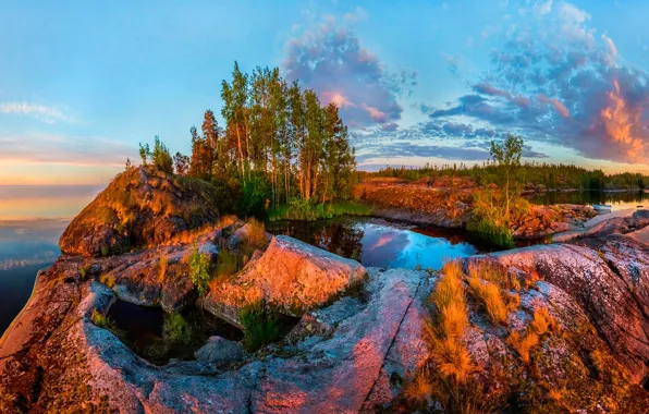 Forest, the sky, clouds, trees, sunset, lake, stones, Karelia