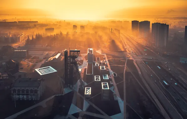 The city, fog, morning, Poland, Katowice