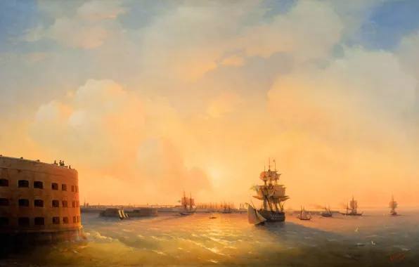 Ship, picture, sail, seascape, 1844, Ivan Aivazovsky, Kronstadt. Fort Emperor Alexander 1