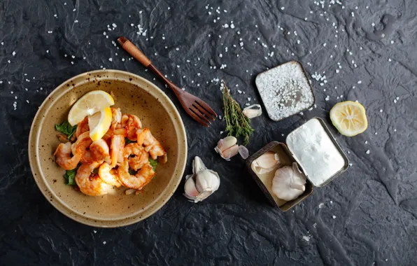 Lemon, plug, shrimp, seafood, spices, garlic, salt, rosemary