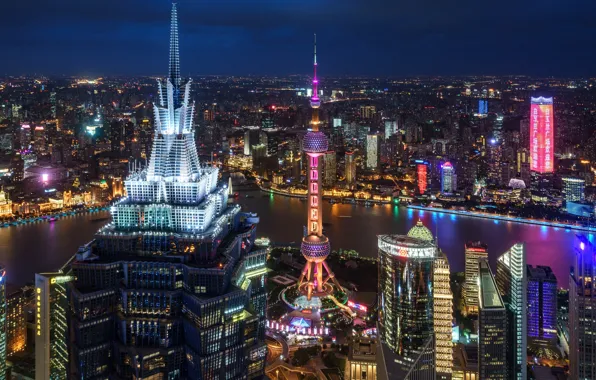 River, China, building, home, China, Shanghai, Shanghai, night city