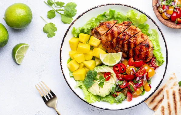 Table, food, plate, meat, white background, lime, fruit, mango