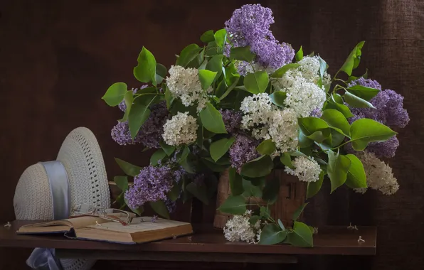 Flowers, branches, bouquet, spring, hat, glasses, shelf, book