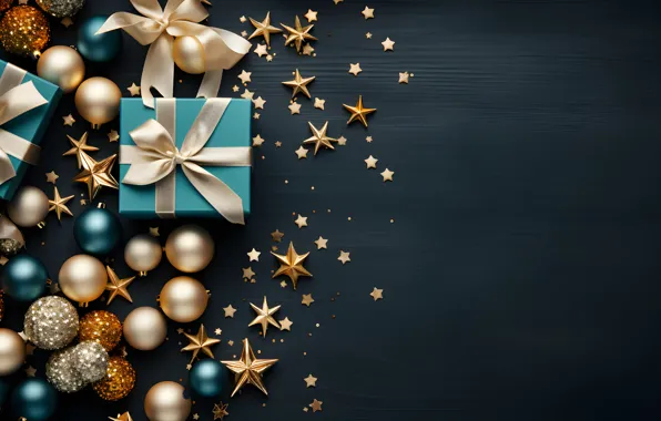Decoration, the dark background, balls, New Year, Christmas, dark, gifts, golden