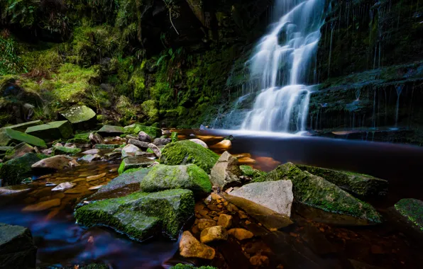 The dark background, stones, rocks, waterfall, stream