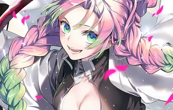 Girl, sexy, yukata, cleavage, pink hair, green eyes, long hair, dress