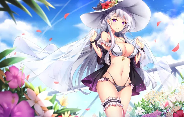 Girl, sexy, cleavage, sky, long hair, hat, boobs, anime