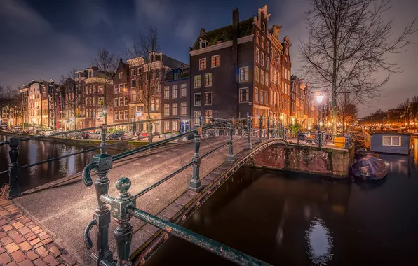 Night, channel, Amsterdam, Milkmaids bridge