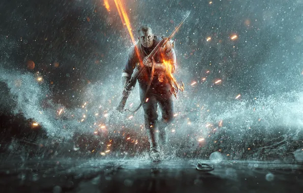 Weapons, rain, soldiers, runs, Battlefield 1