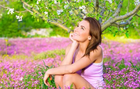 Look, flowers, smile, tree, sitting, girl. mood