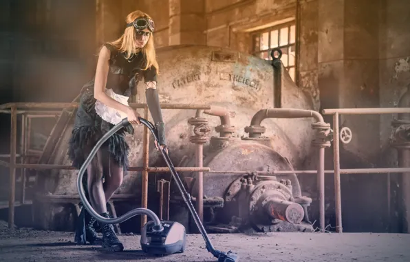 Picture girl, shoes, glasses, vacuum cleaner