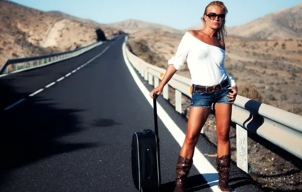 Girl, road, shorts, model, suitcase