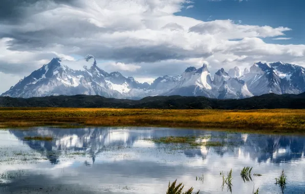 Snow, mountains, pond, Andes