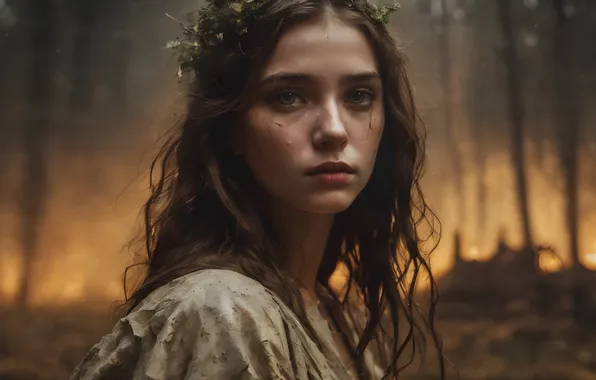Sadness, forest, look, girl, trees, fire, fire, sadness