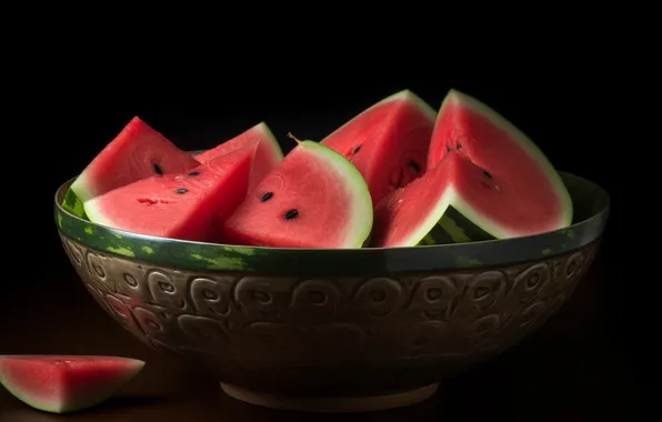 Summer, table, watermelon, bowl, black background, still life, slices, watermelons
