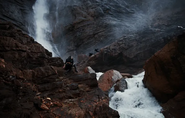 Picture girl, stones, bird, waterfall