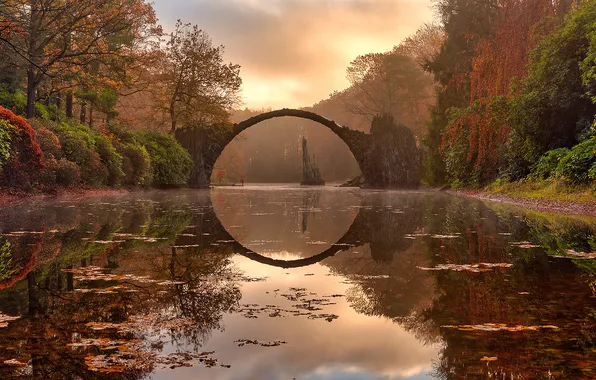 Autumn, forest, bridge, lake, reflection, shore, Germany, the bridge