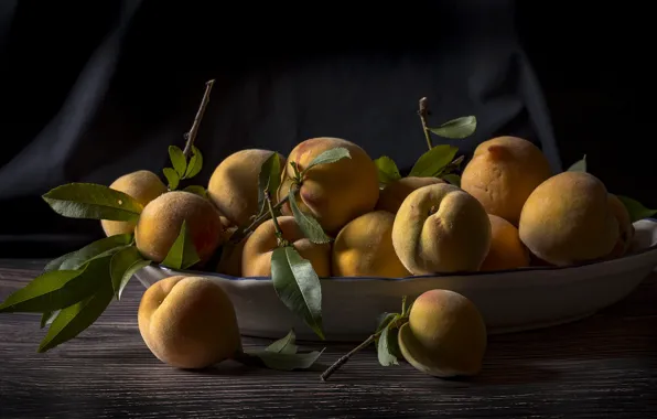 Light, the dark background, Board, plate, fabric, fruit, still life, peaches