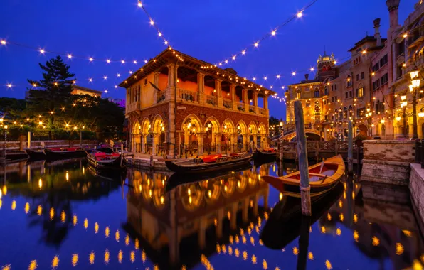 Water, reflection, building, boats, Japan, Japan, garland, gondola