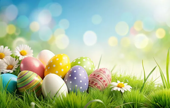 Flowers, eggs, spring, colorful, Easter, happy, flowers, spring