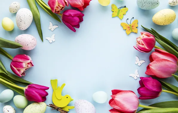 Flowers, eggs, spring, colorful, Easter, tulips, happy, pink