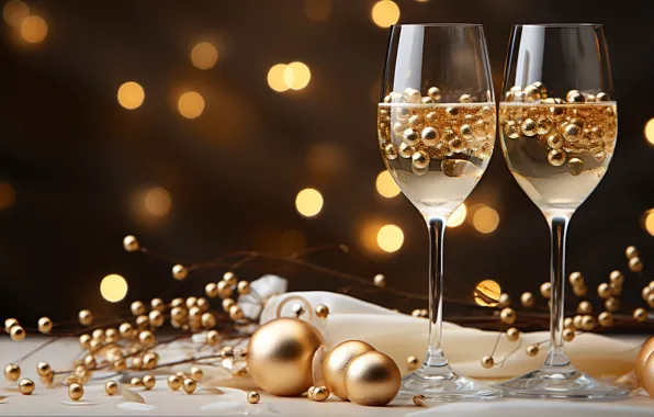 Decoration, gold, balls, New Year, glasses, golden, new year, champagne