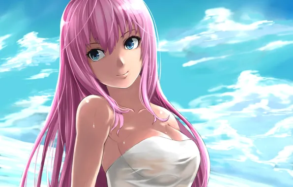 The sky, water, girl, clouds, drops, smile, vocaloid, megurine luka