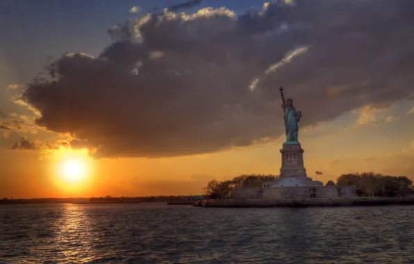 Landscape, sunset, the statue of Liberty