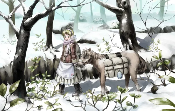 Winter, girl, snow, trees, animal, plants, anime, scarf