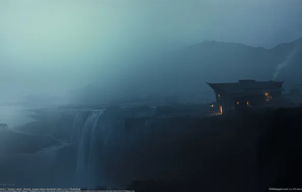 Night, fog, house, waterfall, fantasy, Home, CG wallpapers, Sergey Lesiuk