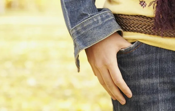 Picture macro, yellow, body, people, hand, jeans, belt, brown