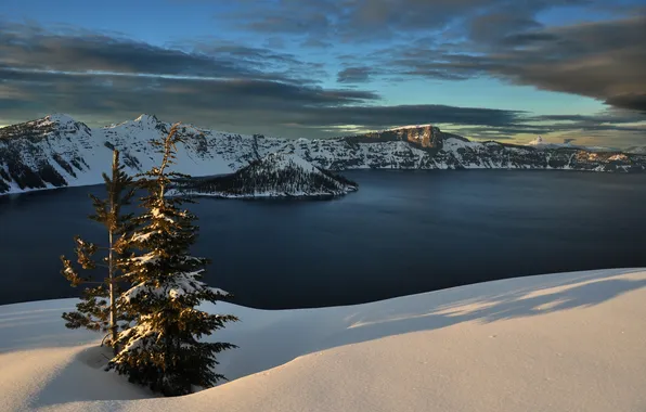 Picture winter, the sky, snow, trees, mountains, clouds, river, spruce