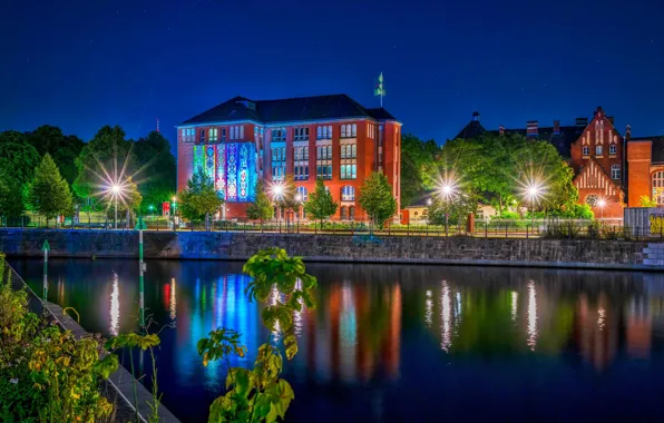 Trees, night, lights, river, HDR, home, Germany, lights