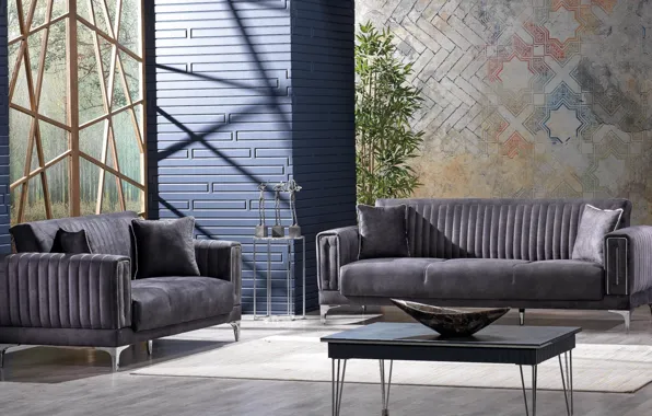 Design, style, room, interior, plants, living room, upholstered furniture made of suede