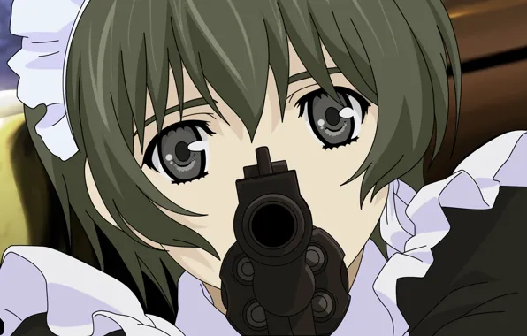 The barrel, cartridges, killer, uniform, the maid, A, a revolver in the hands, looks you …