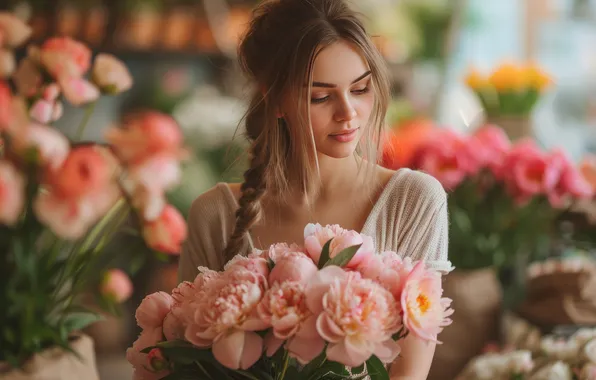 Girl, flowers, pose, portrait, bouquet, spring, braid, pink