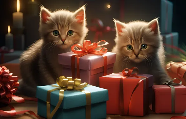 Look, light, cats, pose, kitty, candles, Christmas, kittens